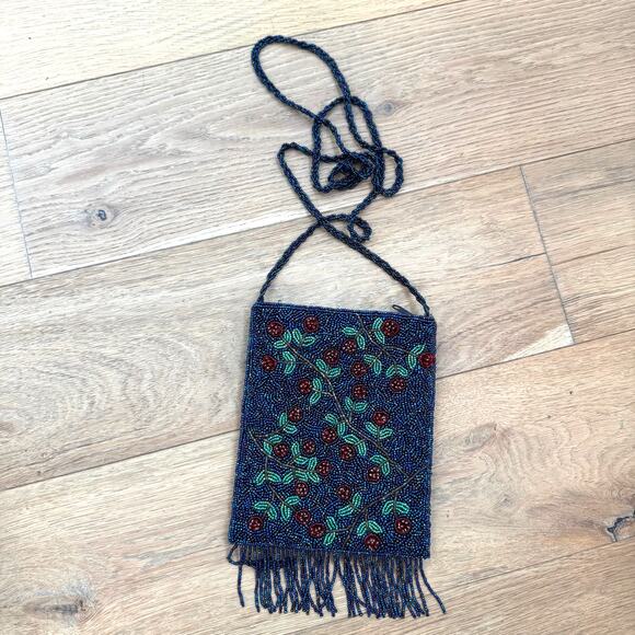 Ermo Beaded Blue Floral Small Crossbody Fringe Bag- Boho, Romantic, Cottage - Picture 1 of 11